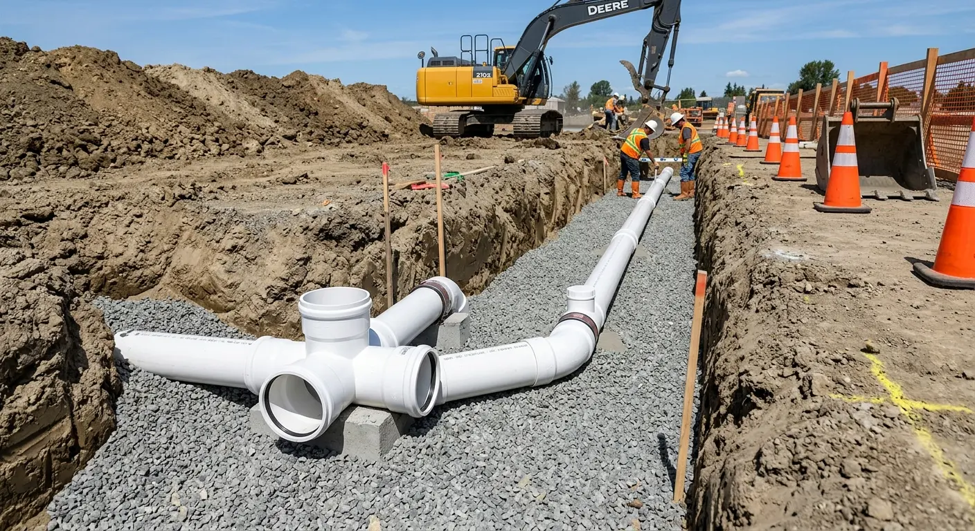 New PVC sewer pipe installation in open trench for Sewer Backup in Blaine