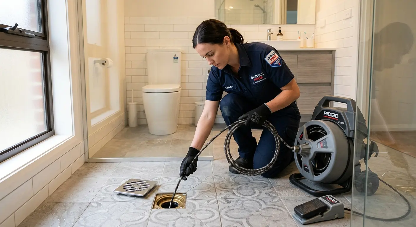 Technician clearing a bathroom floor drain for Drain Cleaning in Blaine
